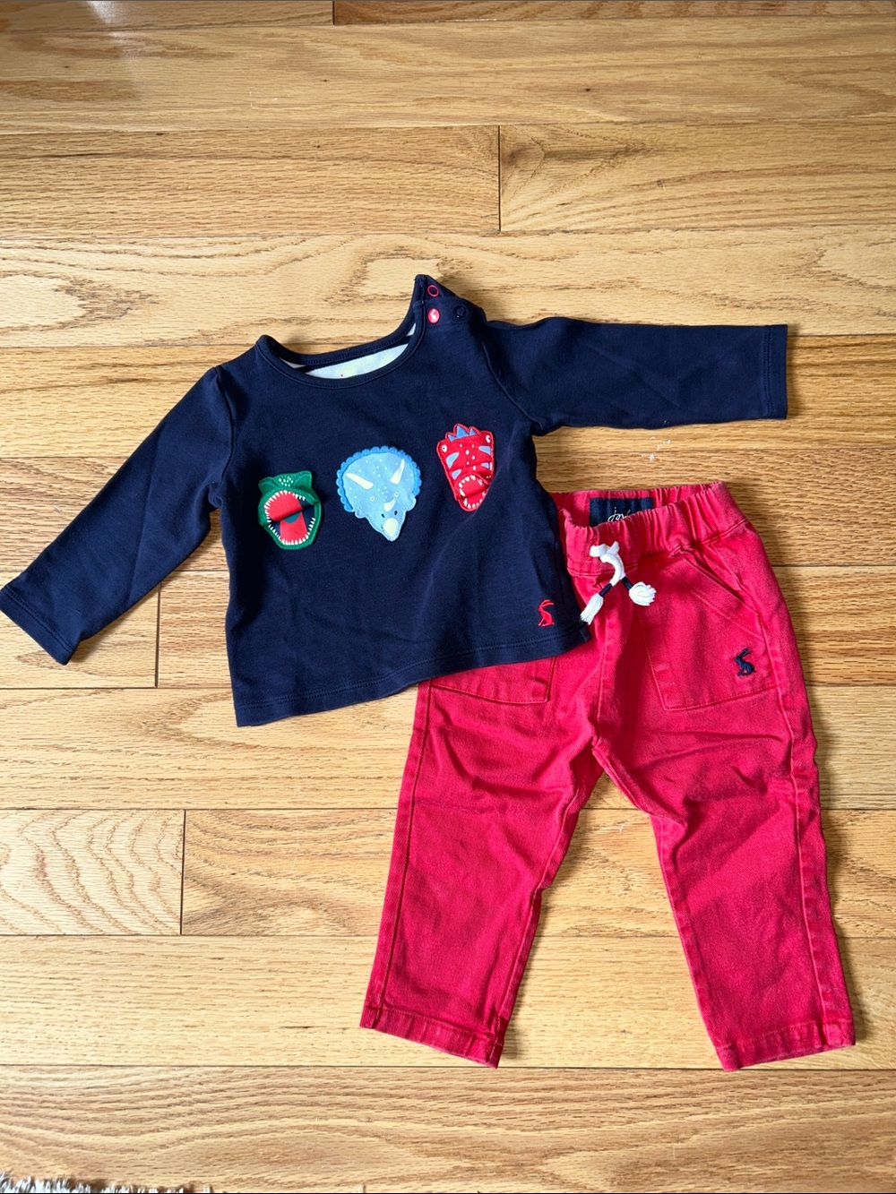 Joules Navy Dinosaur Appliqué Top with Red Pants Set 6-9M